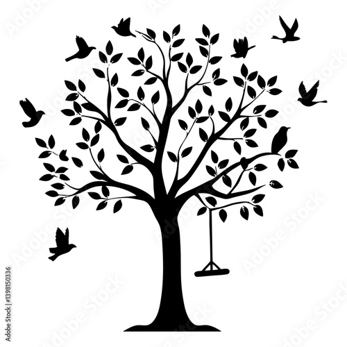 Silhouette of a leafy tree with birds and a swing set