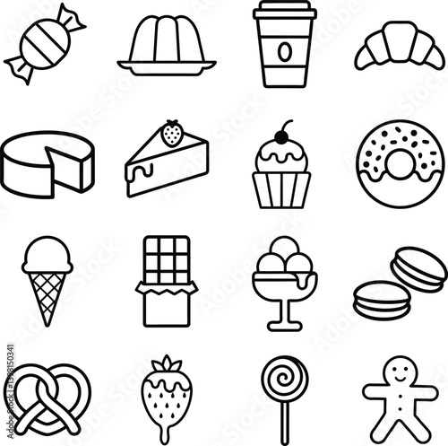Sweet Food outline icons set. Candy, Gelatin Dessert, Take Out Coffee Paper Cup, Cake, Slice of Cake,  Cupcake, Doughnut, Pretzel, Ice Cream, Croissant, Macarons, Lollipop, Chocolate Bar, Gingerbread 