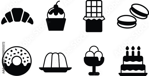 Sweet Food silhouette icons set. Gelatin Dessert, Cake, Cupcake, Doughnut, Ice Cream, Croissant, Macarons, Chocolate Bar. vector illustration