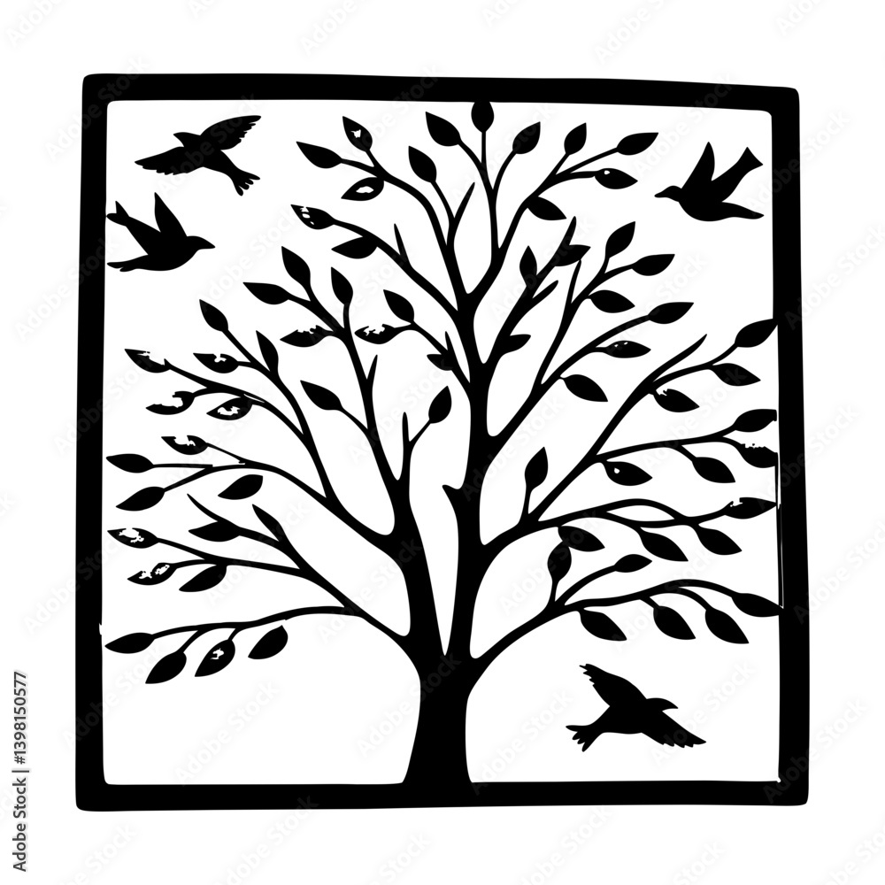 Obraz premium Black and White Framed Tree of Life with Birds Wall Decor Art Print