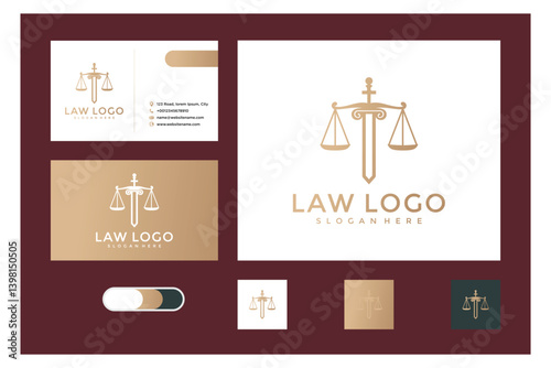 Gold and Brown Law Firm Logo Design with Scales and Sword
