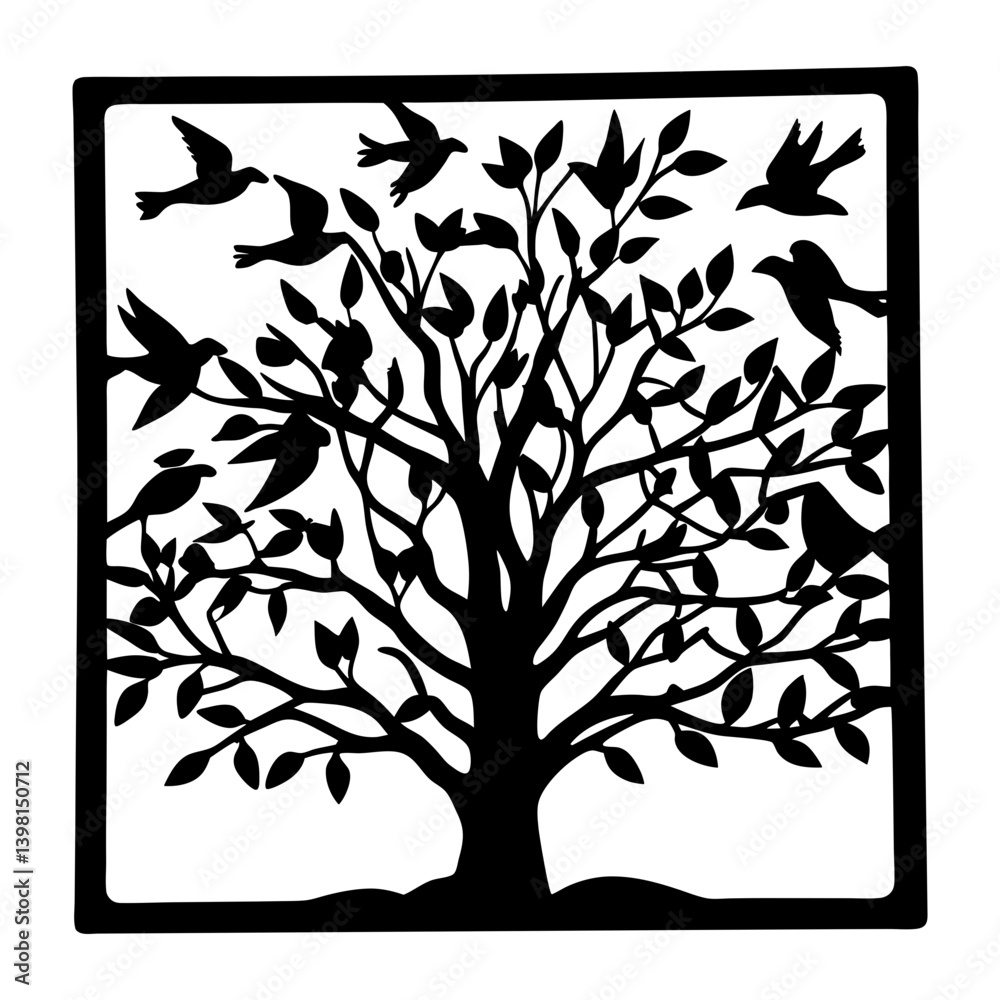 Obraz premium Black and White Silhouette of a Tree with Birds Metal Wall Decor Art