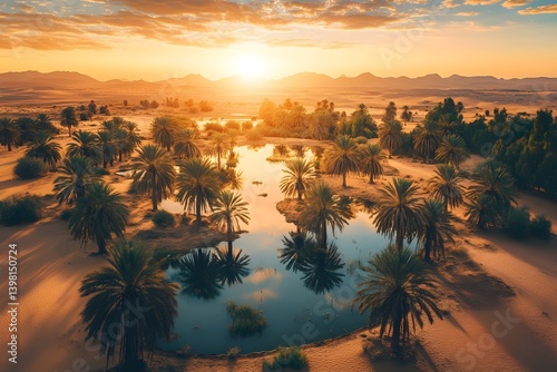 Beautiful desert oasis with palm trees and a water pond at sunset.