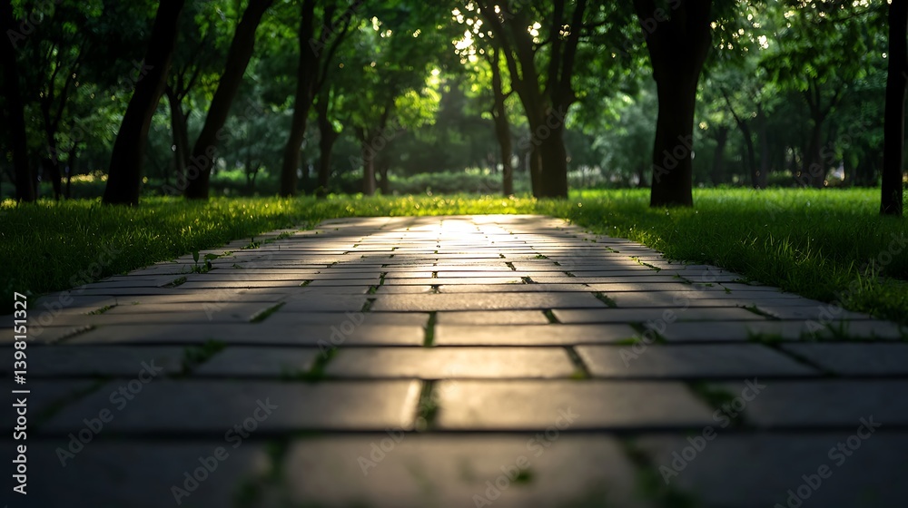 Fototapeta premium Sunlit Park Path Tranquil Evening Stroll.