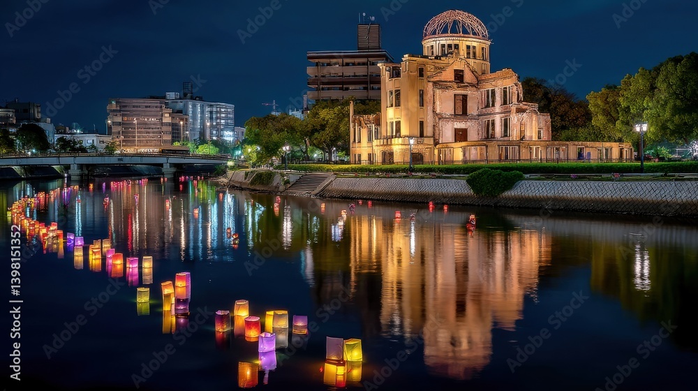 Obraz premium Illuminated memorial building with a dome roof and ornate architecture reflected in the calm mirror like pond at night surrounded by vibrant colorful lights