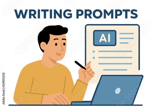 vector illustration of writing prompts business man working on laptop
