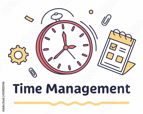 Time Management Clock with Checklist and Gear Symbols  