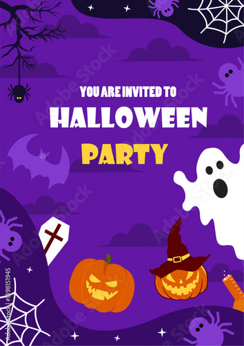 Colorful Halloween party flyer featuring cute cartoon ghosts, pumpkins, and a haunted forest under a full moon, promoting a costume party on October 31st