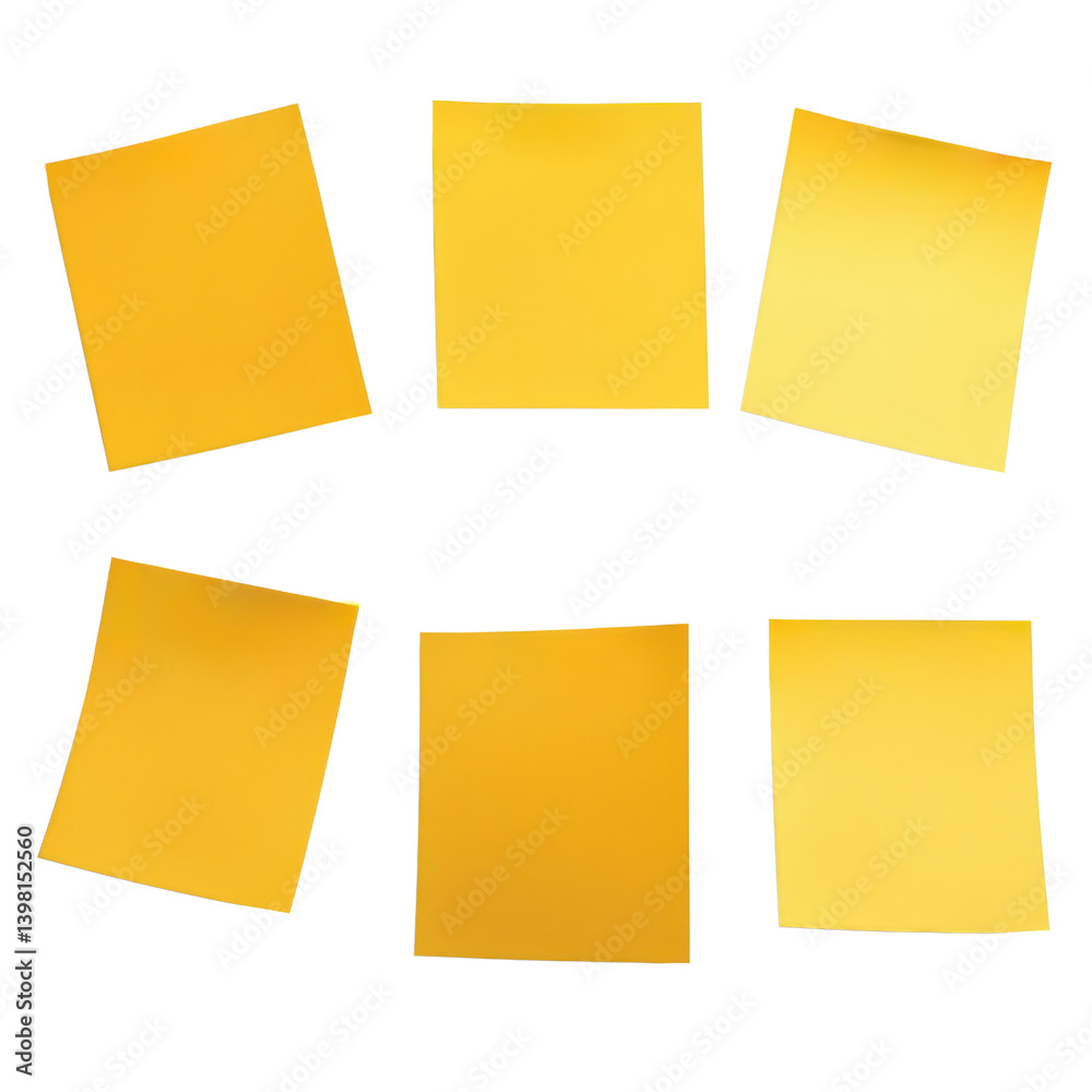 Collection of bright yellow sticky notes arranged neatly on a desk surface for organization and reminder purposes isolated on transparent background.. Collection of bright yellow sticky notes arranged neatly on a desk surface for organization and reminder purposes isolated on transparent background..