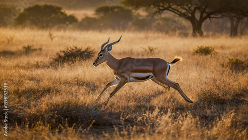 Female impala running across the savanna under warm sunlight.