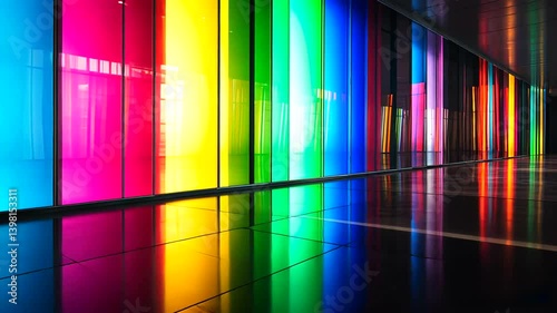 Colorful glass wall reflects vibrant hallway