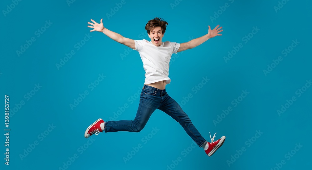 Joyful Young Man's Energetic Leap: A Vivid Blue Background Photo Joyful Young Man's Energetic Leap: A Vivid Blue Background Photo