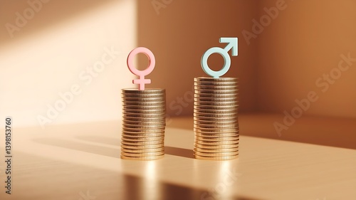 Gender Pay Gap Concept: Equal Stacks of Gold Coins with Female and Male Symbols, Symbolizing the Disparity in Earnings on a Light Wooden Surface
