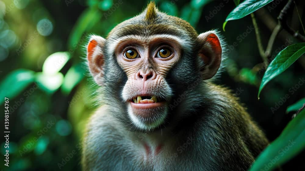 Amusing monkey in surprise with open mouth. Close-up portrait set against a green natural background.