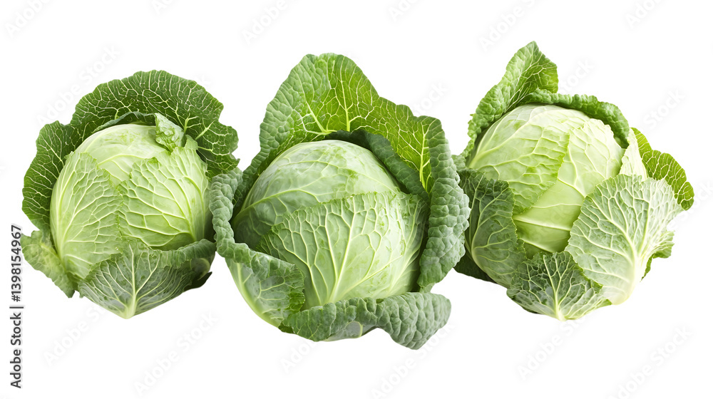 Fototapeta premium Fresh Green Cabbage Heads Isolated on White Background - Vibrant and Crisp Produce Photo