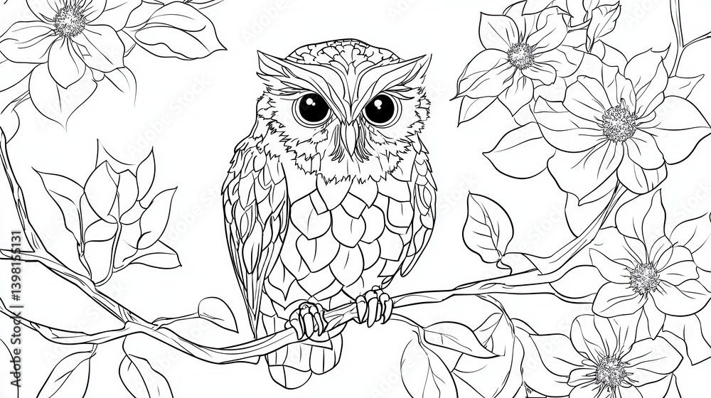 Fototapeta premium A detailed line drawing of large flowers surrounded by leaves, showcasing intricate patterns and textures.