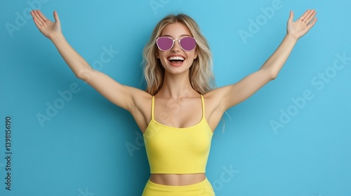 Happy woman with arms outstretched, vibrant yellow outfit, studio shot