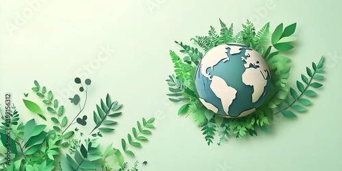 Simplified paper cutout of the Earth surrounded by green leaves and plants