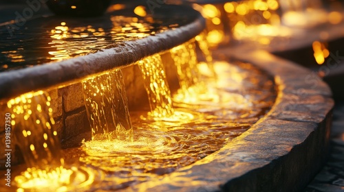 A detailed feng shui wealth fountain flowing with golden water and glowing light