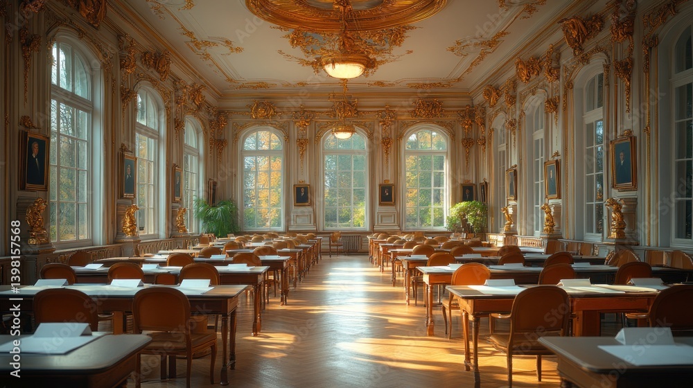 Obraz premium Golden Sunlight Illuminates Grand Hall's Elegant Interior