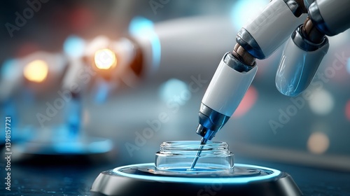 Close-Up View of High-Tech Robotic Arm Attending Laboratory Experiment with Transparent Sample