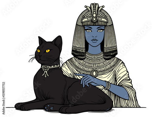 Illustration of a cleopatra with a cat in a stylish and artistic design.