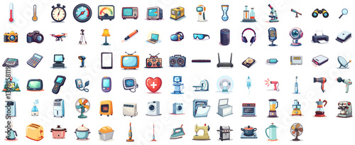 Cartoon electronic devices and household appliances icon set in flat vector style with no background	
