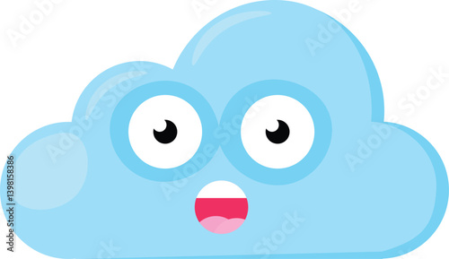 Blue dumbfounded Emoji Cloud with mouth open in amazement. Design element for children weather forecast. Funny kids icon. Simple cartoon vector element isolated on white background