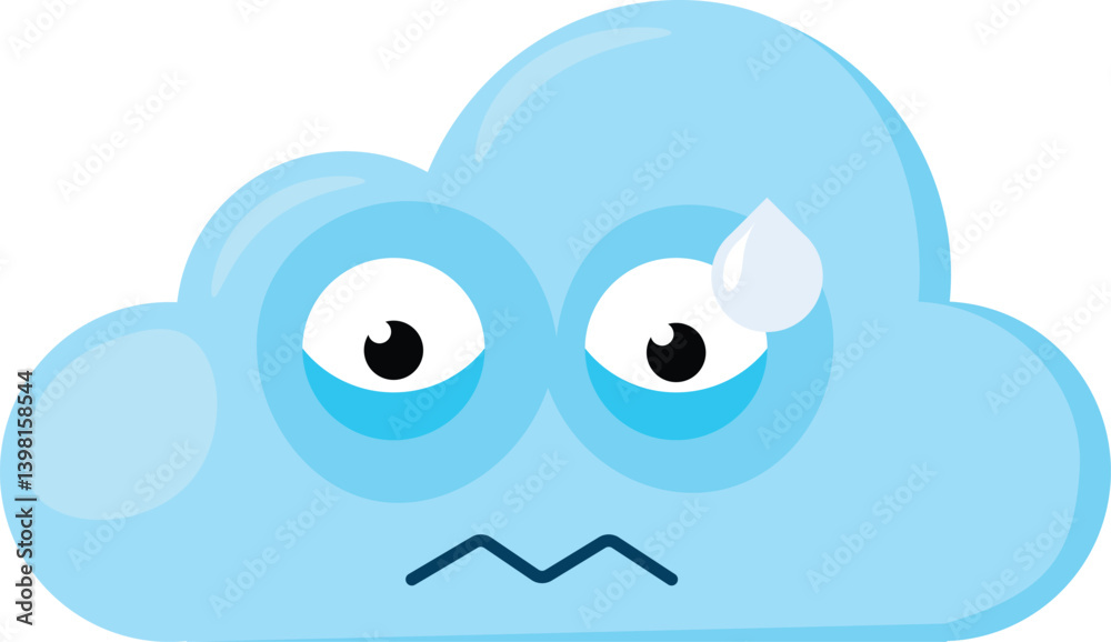 Blue disappointed Emoji Cloud with bead of sweat on forehead. Design element for children weather forecast. Funny kids icon. Simple cartoon vector element isolated on white background Blue disappointed Emoji Cloud with bead of sweat on forehead. Design element for children weather forecast. Funny kids icon. Simple cartoon vector element isolated on white background