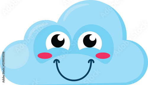 Blue shy embarrassed Emoji Cloud with big smile. Design element for children weather forecast. Funny kids icon. Simple cartoon vector element isolated on white background