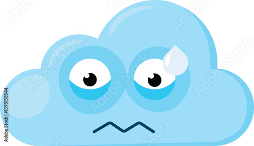 Blue disappointed Emoji Cloud with bead of sweat on forehead. Design element for children weather forecast. Funny kids icon. Simple cartoon vector element isolated on white background