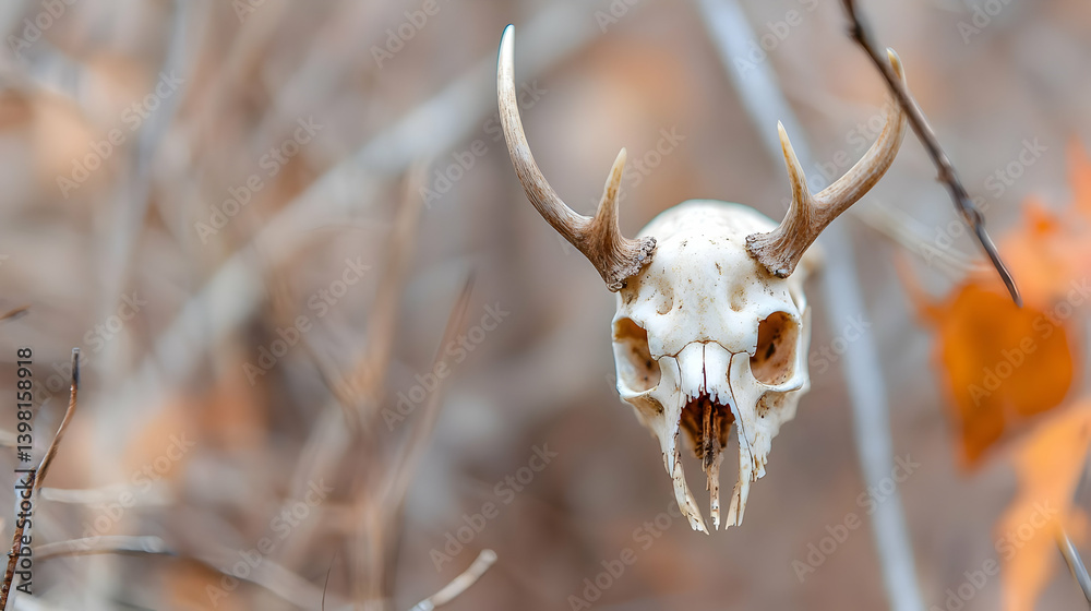 Fototapeta premium Deer Skull With Antlers Hanging In Autumn Forest