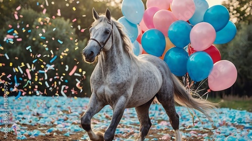 In a pastel blue setting, a merrymaking horse revels in its birthday glory accompanied by balloons and confetti.