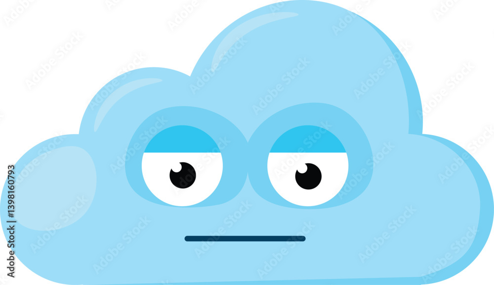 Blue skeptical Emoji Cloud with distrustful expression on face. Design element for children weather forecast. Funny kids icon. Simple cartoon vector element isolated on white background Blue skeptical Emoji Cloud with distrustful expression on face. Design element for children weather forecast. Funny kids icon. Simple cartoon vector element isolated on white background