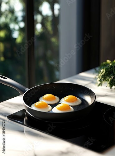 Four fried eggs in a pan, sunny kitchen photo