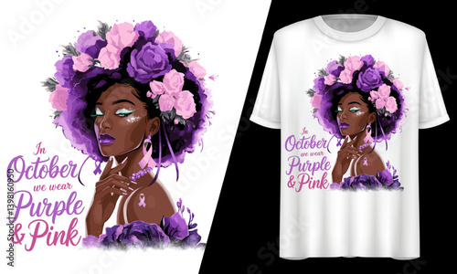 October Wear Purple Pink Afro Girl Breast Cancer Awareness T-Shirt Design.
