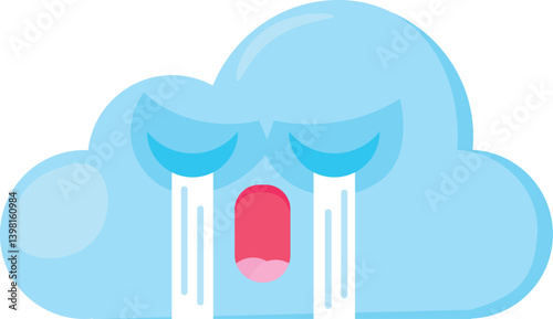 Blue sobbing Emoji Cloud with stream of tears from eyes. Design element for children weather forecast. Funny kids icon. Simple cartoon vector element isolated on white background