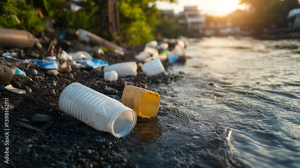 Plastic waste litters riverbank at sunset, highlighting environmental pollution and urgent need for cleanup efforts. Discarded bottles and containers pollute water and surrounding area Plastic waste litters riverbank at sunset, highlighting environmental pollution and urgent need for cleanup efforts. Discarded bottles and containers pollute water and surrounding area