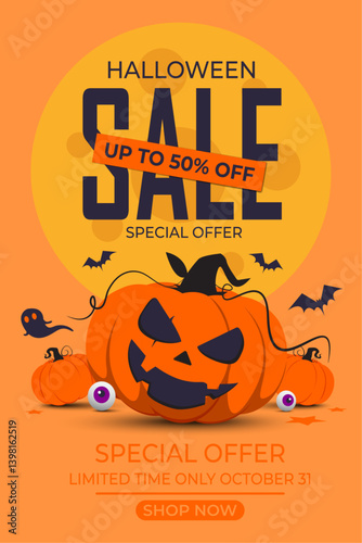 Vibrant Halloween sale banner features a vertical poster with festive balloons, candy, bats, and pumpkin
