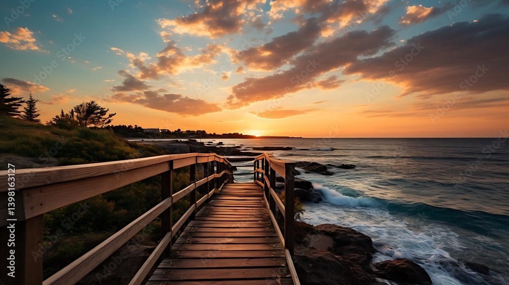 Fototapeta premium Sunset Serenity: Wooden Bridge Leading to Ocean at Golden Hour