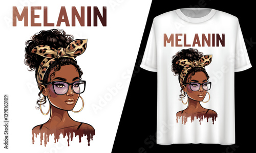 Melanin Leopard Headband Curly Hair Graphic T-Shirt Design.
