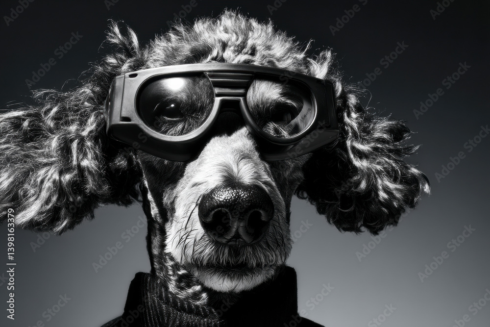 Stylized portrait of fluffy dog with tech glasses. Monochrome AI-generated concept blending humor, pet photography and futuristic fashion in dramatic lighting.