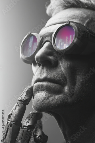 Elderly man with robotic hand and reflective glasses. AI-generated portrait exploring cyber aging, identity and the blend of human-machine in futuristic style.