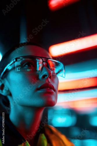 Obraz na płótnie Woman with safety glasses in glowing red-blue light. AI-generated concept capturing modern industrial tech vibe, attention and confidence in controlled environment. w salonie