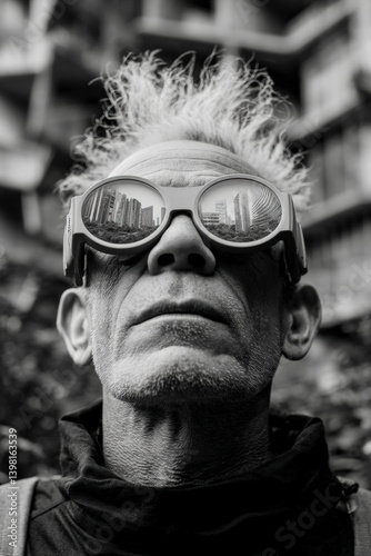Obraz na płótnie Futuristic portrait of man with eccentric hairstyle and tech glasses in urban setting. AI-generated style blending cyber attitude, street fashion and digital age identity. w salonie