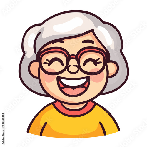 Happy laughing senior woman, cheerful gray-haired old grandma in glasses, granny hand drawn doodle cartoon character clip art, kawaii isolated simple vector illustration
