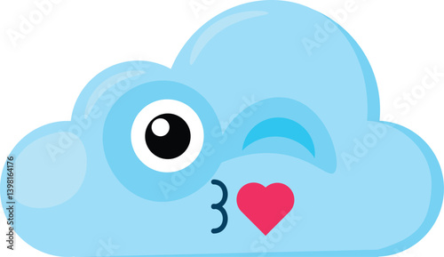 Blue lover Emoji Cloud with blows a kiss with heart. Design element for children weather forecast. Funny kids icon. Simple cartoon vector element isolated on white background