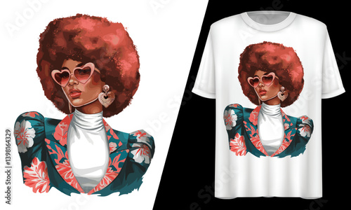 Afro Fashion Chic Floral Sunglasses GraphicT-Shirt Design.
