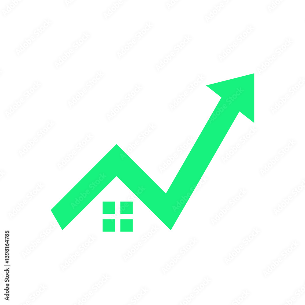 Green Arrow Rising Above House Icon, Representing Growth in Real Estate Market