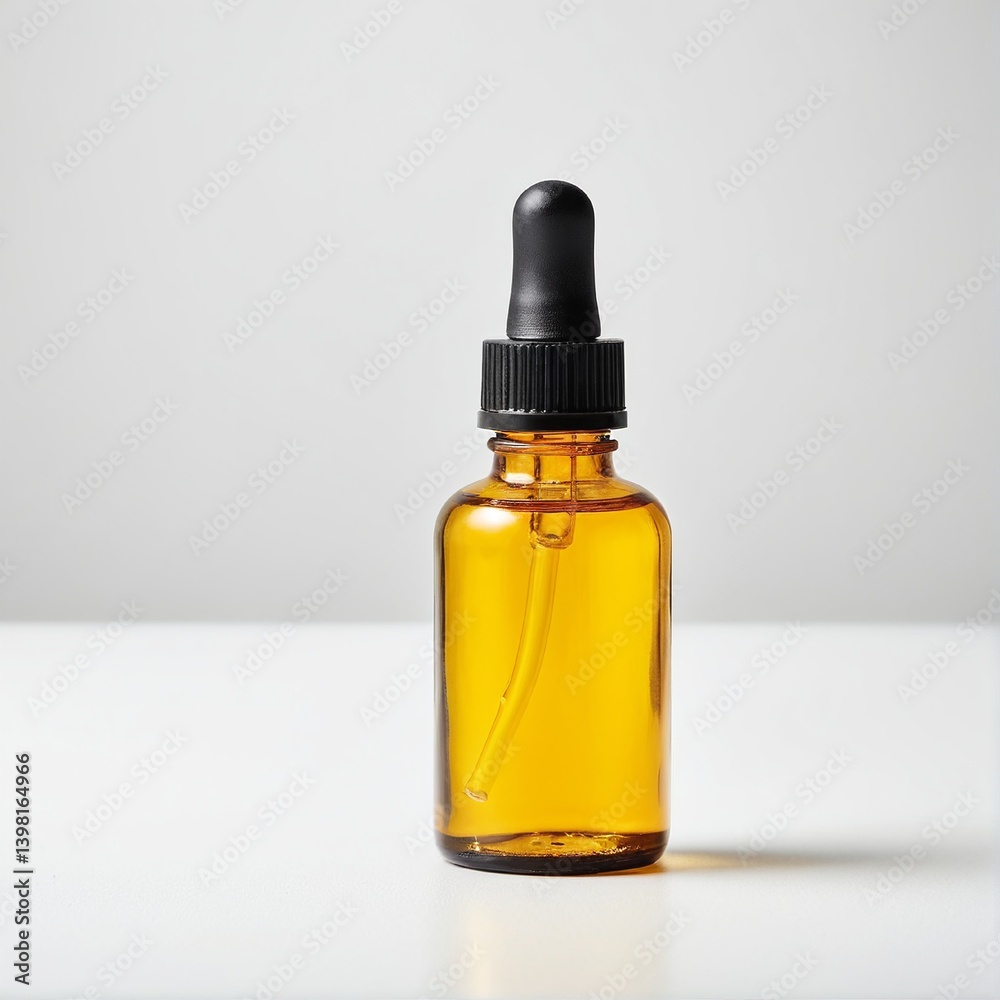 Amber Glass Dropper Bottle Filled with Liquid, Resting on a White Surface Against a Plain Background Amber Glass Dropper Bottle Filled with Liquid, Resting on a White Surface Against a Plain Background